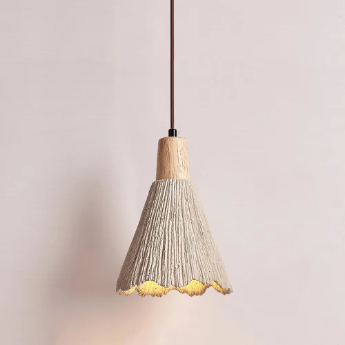 Vista 9 de Lámpara colgante de hormigón de estilo japonés, cable ajustable, lámpara colgante de cemento en forma de cono de isla de cocina con acento de madera