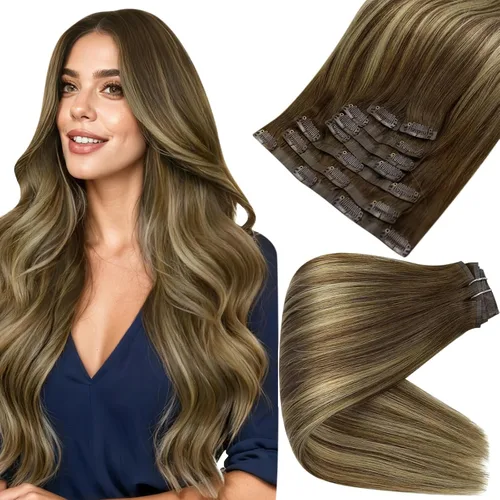 Vista 42 de Full Shine Extensiones de Cabello Rubio con Clip Reflejos Cabello Humano Extensiones con Clip Rubio Ceniza Mezcla Rubio Decolorado PU Extensiones