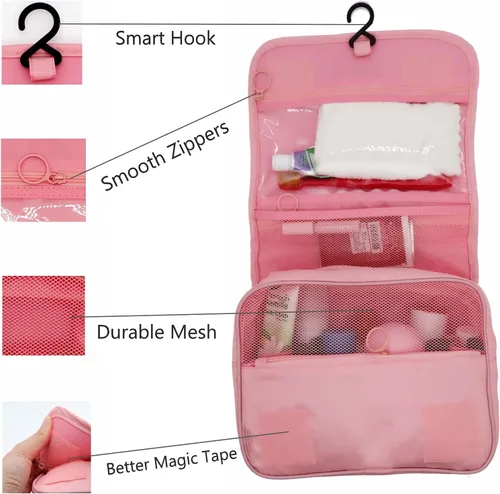 Vista 3 de Neceser colgante – Organizador grande de viaje de maquillaje cosmético para hombres y mujeres con gancho resistente, Rosado