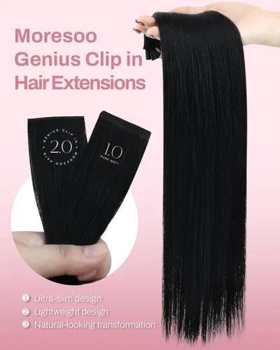 Vista 3 de Moresoo Genius - Extensiones de cabello humano real con clip, color negro azabache, invisibles, sin costuras, de trama de piel sintética