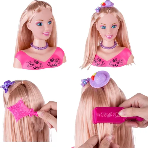 Vista 5 de Cabeza de muñeca para peinar y maquillar para niñas con accesorios y secador de pelo (Estilo A)