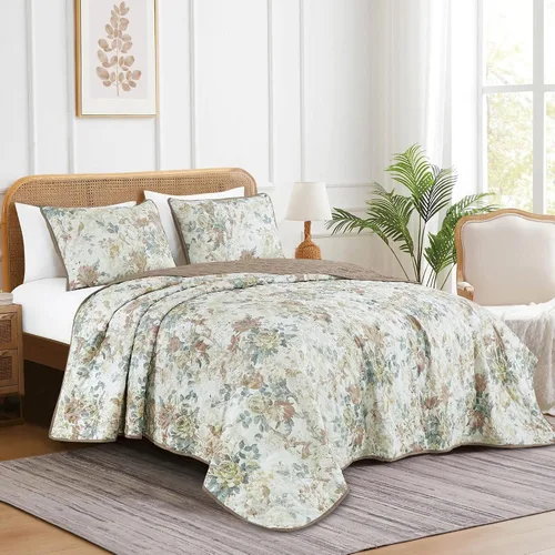 Vista 15 de ESCA - Juego de colcha de 3 piezas, tamaño Queen, con estampado de girasoles amarillos reversible, floral negro y verde