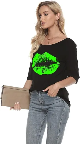 Vista 5 de MAGICMK Camiseta casual de talla grande con estampado de labios y hombros descubiertos para mujer