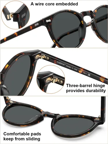 Vista 48 de CARFIA Gafas de sol polarizadas de acetato redondo para mujer, protección UV de cara pequeña con funda de cuero CA5288