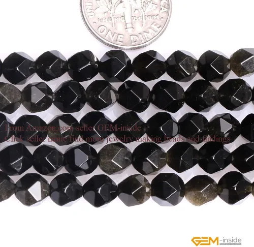 Vista 2 de GEM-Inside - Cuentas de obsidiana dorada natural de 0.236 in, semipreciosas redondas facetadas para hacer joyas de 15 pulgadas