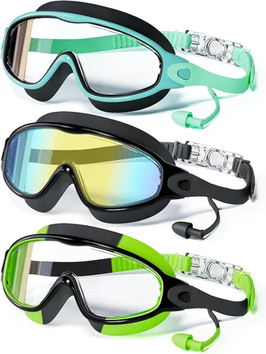 Vista 14 de Paquete de 3 gafas de natación para niños, con tapones para los oídos, marco grande, antivaho, UV, visión amplia, para niños y niñas de 4 a 12 años