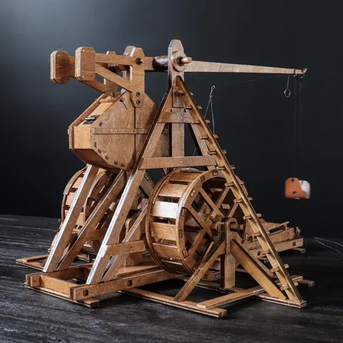 Vista 2 de Mini contrapeso Trebuchet con ruedas Europa Medieval Siege Carro Catapulta Armas DIY 3D Rompecabezas de madera Kits de modelos mecánicos Proyectos