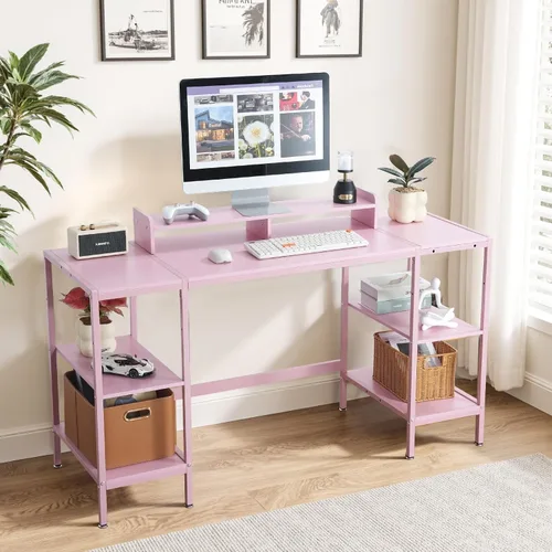 Vista 6 de Escritorio para computadora de 55 pulgadas con estante de almacenamiento - Rosa, ideal para dormitorios, espacios pequeños y oficinas en casa