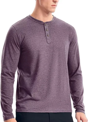 Vista 2 de Zengjo Camisetas Henley de manga larga para hombre, estilo casual, con 3 botones, mezcla de algodón