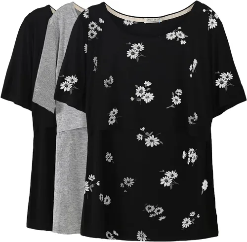 Vista 11 de Smallshow - Camisetas de lactancia para maternidad, manga corta, para mujer Verde militar-negro-gris oscuro (paquete de 3)