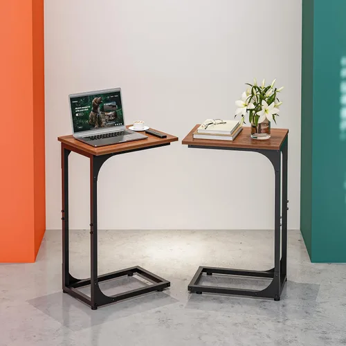 Vista 14 de Mesa auxiliar en forma de C para sofá, soporte de café pequeño, bandeja de sofá con marco de metal, parte superior de madera impermeable resistente