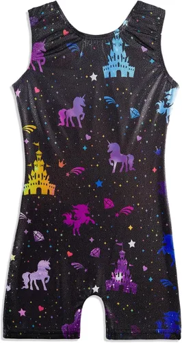 Vista 12 de HOZIY Leotardos de gimnasia para niñas con conjuntos de voltereta, con brillo, patrón adorable B Rainbow Stripe