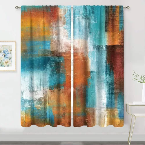 Vista 16 de MESHELLY Cortinas Rojas Abstractas 42Wx63H Pulgadas Bolsillo para Varilla Bloques Rústicos Borgoña Marrón Pintura al Óleo Casa de Campo Dormitorio