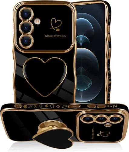 Vista 20 de Funda para Samsung Galaxy S22 Love-Heart Holder Case Cute Black Luxury Wave Frame forma rizada con corazón de amor, cubierta protectora de TPU suave