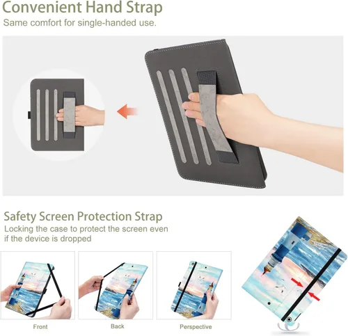 Vista 5 de Funda para iPad de 9ª/8ª/7ª generación, para iPad 10.2 funda de 10.2 pulgadas, soporte para lápices, correa de mano, bolsillo, rayas Azul Romántico