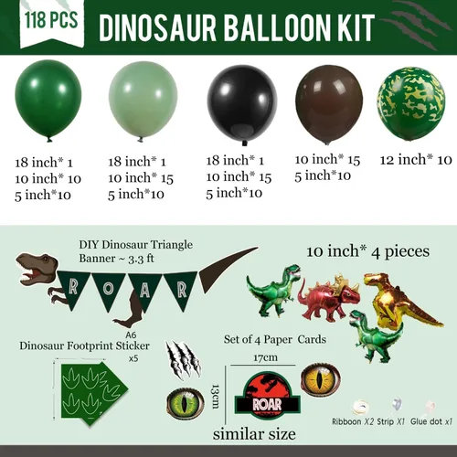 Vista 6 de Decoraciones de Fiesta de Cumpleaños de Dinosaurio kit de arco de globos verde cazador negro marrón con mini globos de papel de aluminio de dino