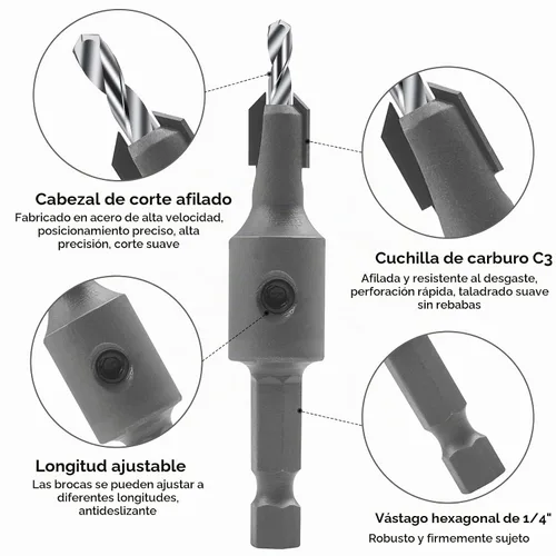 Vista 2 de Juego de 3 brocas avellanadas con vástago hexagonal de 1/4 pulgadas con tope de profundidad ajustable para madera, escariador de carpintería