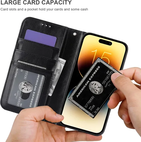 Vista 5 de Funda tipo cartera desmontable Bocasal para iPhone 15 Pro Max con bloqueo RFID, ranuras para tarjetas, soporte magnético, cuero PU premium, atril