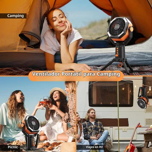Vista 6 de MORIKO Trípode de ventiladores de mesa, 20000 mAh, recargable, funciona con pilas, ventilador portátil para tienda de campaña con linterna LED