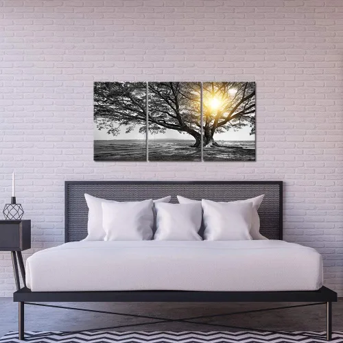 Vista 3 de Biuteawal Arte de pared de 3 piezas de árbol blanco y negro al amanecer cálido paisaje fotográfico, impresiones en lienzo de árbol de la vida