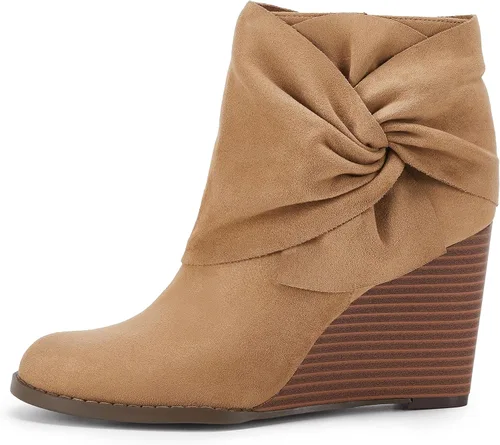 Vista 4 de Fashare Botines de cuña para mujer, tacón de lazo, tacón apilado, zapatos de vestir de invierno, Negro, Café