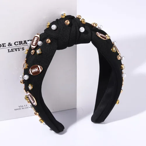 Vista 3 de Diadema de fútbol para mamá, accesorios de perlas con diamantes de imitación anudados, banda ancha para el pelo negra, diadema de nudo superior
