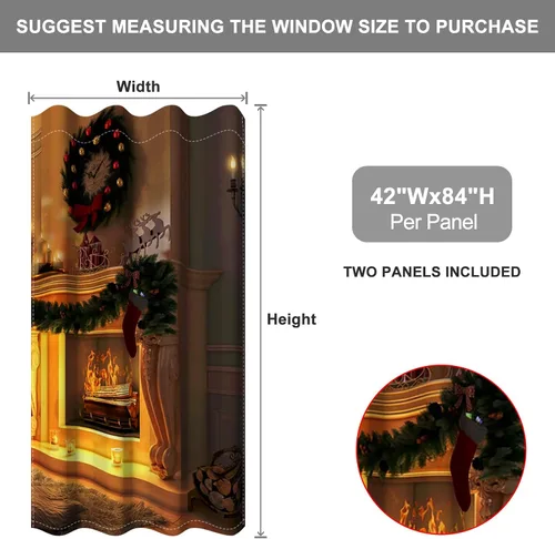Vista 19 de Cortinas con adornos de Navidad impresos, cortinas para ventana de chimenea, calcetines de Navidad, árboles de Navidad, regalos, paneles opacos