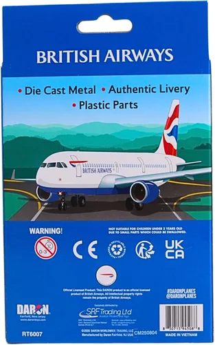 Vista 7 de Avión coleccionable de metal fundido a presión Daron British Airways A321 con diseño Union Jack, avión de juguete de línea única con piezas