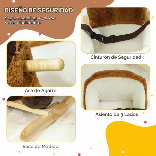 Vista 5 de Qaba Caballo mecedor para bebé con base de madera de sonido, edades de 18 a Mecedora de animales de peluche, cinturón de seguridad