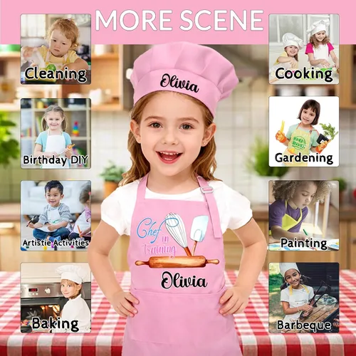 Vista 5 de Delantal personalizado para niños con nombre, delantales personalizados y sombrero de chef, diseño de foto para cocinar, hornear, pintar