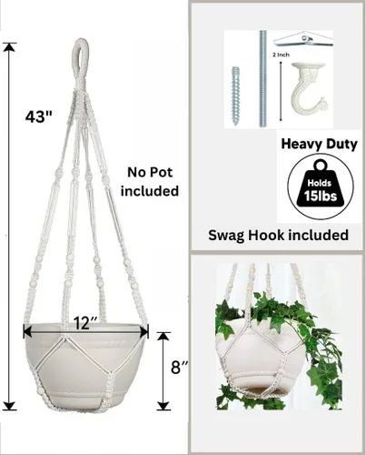 Vista 5 de Colgador de Macramé de 43 Pulgadas Grande para Maceta de 12 Pulgadas + Gancho Colgante (Extra Largo y Grande) Maceta Colgante Grande para Plantas