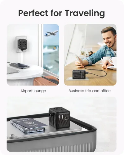 Vista 4 de LENCENT Adaptador de corriente de viaje universal, adaptador de enchufe de CA internacional con 5.6A 3 USB C 2 puertos USB A cargador de pared