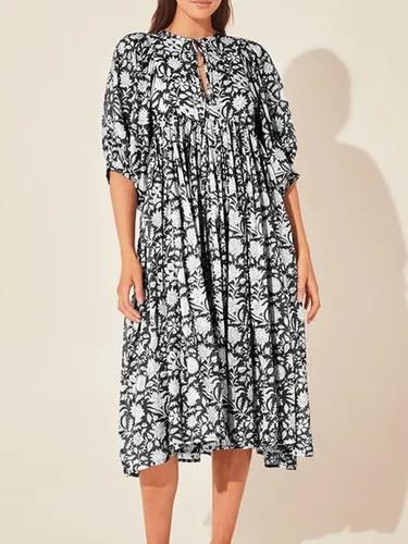 Vista 2 de Vestido largo bohemio con cuello en V profundo y mangas abombadas para mujer, estilo casual, floral, de gasa, escalonado, con vuelo, para fiesta