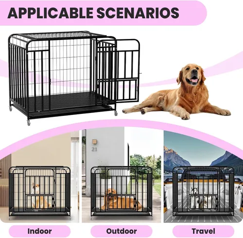 Vista 8 de Jaula resistente para perros de 42 pulgadas, acero de aleación resistente, jaula para perros antimordeduras a prueba de escape, 3 puertas, ruedas