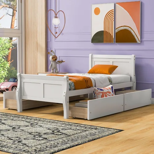Vista 24 de Cama de plataforma de madera de tamaño individual con cabecera en forma de casa, soporte de listones de madera, para dormitorio de niños, niñas