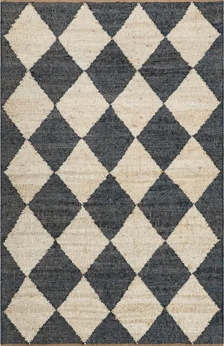 Vista 3 de Rugs USA Livy Hecho a mano, carbón/marfil, 5 x 8 pies, yute, a cuadros de diamante, yute, suave y texturizado, alto tráfico, resistente a