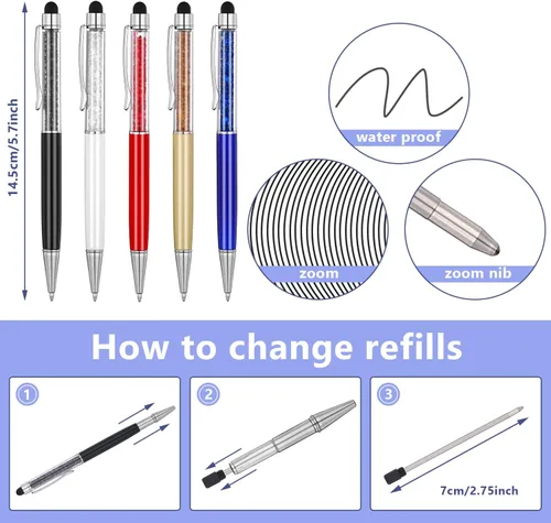 Vista 5 de MengRan Lindos bolígrafos con punta de lápiz capacitivo, bolígrafos de tinta negra 2 en 1 y bolígrafos de cristal delgado para pantallas táctiles