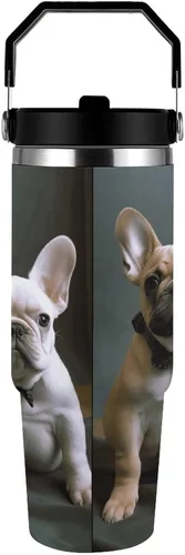 Vista 3 de French Bulldog Puppies Tumbler with Handle 30oz Vacuum Insulated Stainless Steel Water Bottle Leakproof Hot Coffee Travel Mug Iced Coffee Cup