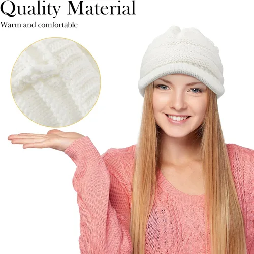 Vista 3 de SATINIOR Gorro de punto de invierno para mujer, gorro de ala de invierno para mujer, gorro holgado con visera, cálido gorro de calavera de Newsboy