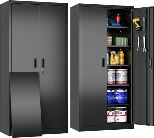 Vista 11 de Aobabo Armario de almacenamiento de garaje de 31.5 pulgadas de alto con 2 estantes, gabinete de metal con cerradura y 4 ganchos para garaje