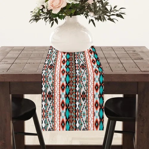 Vista 8 de Table Runner Ethnic Tribal Geometric Pattern, Rustic Linen Table Cloth for Farmhouse Kitchen, Dinner, Events, Party, Holiday Table Decor 13 x 60