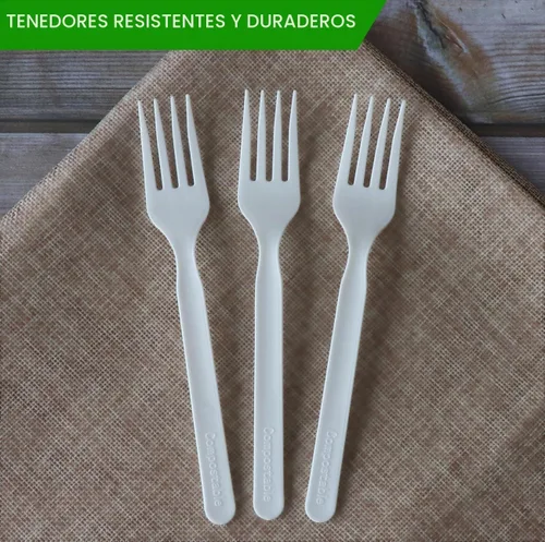 Vista 2 de Tenedores, cucharas y cuchillos biodegradables y compostables, cubertería CPLA pesada., Blanco, 100