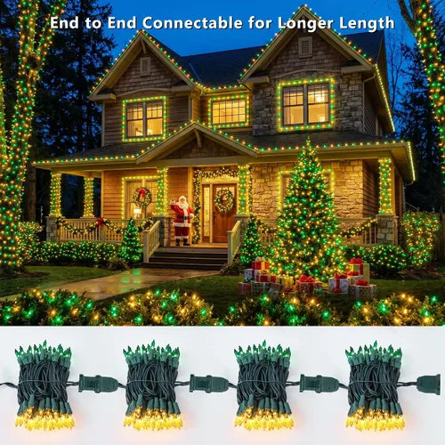 Vista 3 de ODEETRONIC Luces de Navidad amarillas y verdes, 21.63 pies, 100 unidades, luces incandescentes, conectables, con certificación UL, enchufable, luz