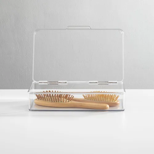 Vista 3 de mDesign Organizador de almacenamiento apilable de plástico con tapa con bisagras para baño, gabinete, cajón, debajo del fregadero, organización