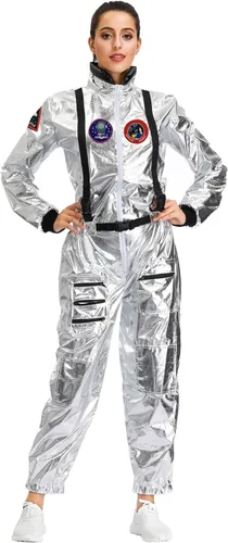 Vista 2 de Shendifok Disfraz de astronauta para mujer, disfraz espacial de astronauta, disfraz de Halloween para hombre
