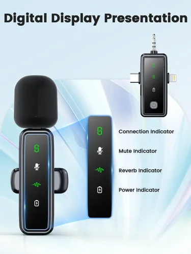 Vista 2 de Micrófonos Lavalier inalámbricos 3 en 1 para iPhone/Android/cámara, paquete de 2 mini micrófonos con pantalla LED, micrófono omnidireccional