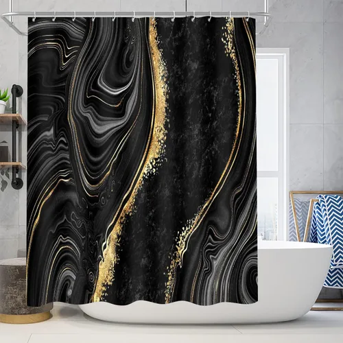 Vista 6 de Nkzply Juego de 4 Piezas de Cortinas de Ducha de Mármol Negro con Alfombras, Juegos de Baño Dorados con Cortina de Ducha y Alfombras, Accesorios