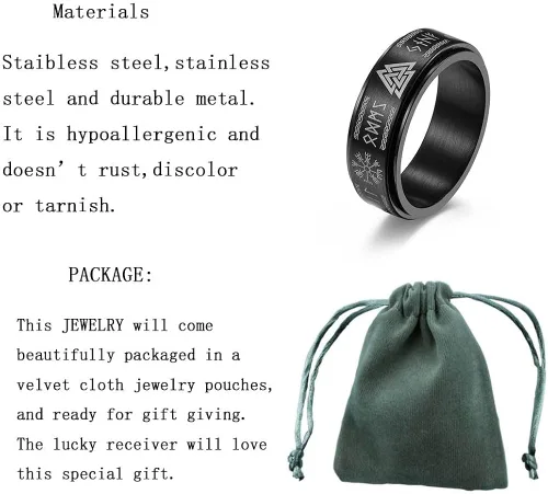 Vista 2 de Anillo vikingo de runa anti ansiedad, anillos de texto nórdico, joyería vikinga, banda de promesa de boda para hombres y mujeres