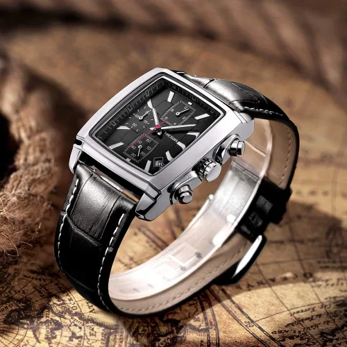 Vista 3 de MEGIR - Reloj analógico de cuarzo para hombre diseño rectangular con cronógrafo luminoso elegante correa de cuero adecuado para deporte y trabajo