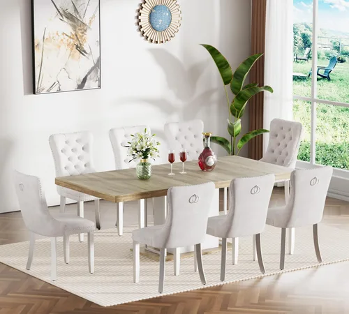 Vista 92 de Juego de mesa de comedor extensible de 5 piezas, juego de mesa de comedor extensible de estilo granja para 4, mesa de cocina expandible de madera